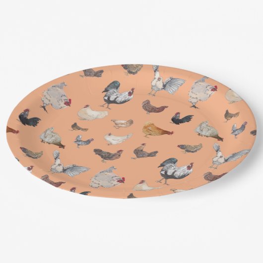 Hühnerglücksmuster auf Peach Pappteller (Schrägansicht)