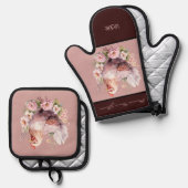 Hühnerhennen in Blume Burgund Pink Ofenhandschuh & Topflappen-Set (Vorderseite/Rückseite)