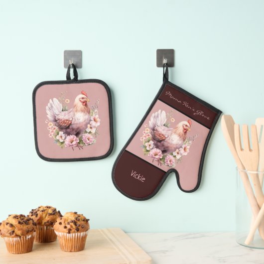 Hühnerhennen in Blume Burgund Pink Ofenhandschuh & Topflappen-Set (Insitu (Hängend))