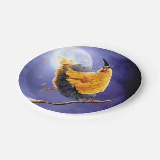 Hühnerhexe auf Broomstick Pappteller (Schrägansicht)