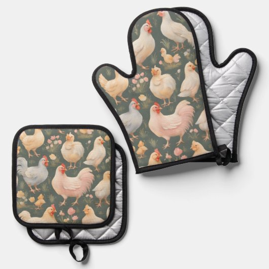 Hühnermuster Ofenhandschuh & Topflappen-Set (Vorderseite/Rückseite)
