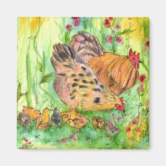 Hühnerrooster Hen Chicks Wasserfarben Wiese Magnet (Vorne)