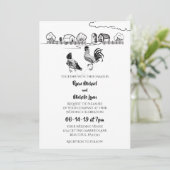 Hühnerrooster, Henne | Schwarze, weiße Bauernhochz Einladung (Stehend Vorderseite)