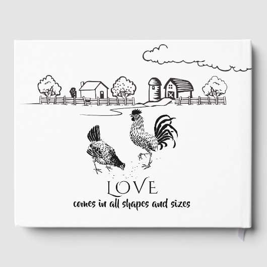 Hühnerrooster, Henne | Schwarze, weiße Bauernhochz Gästebuch (Rückseite)