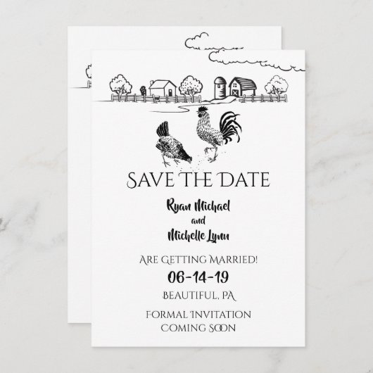 Hühnerrooster, Henne | Schwarze, weiße Bauernhochz Save The Date (Vorne/Hinten)