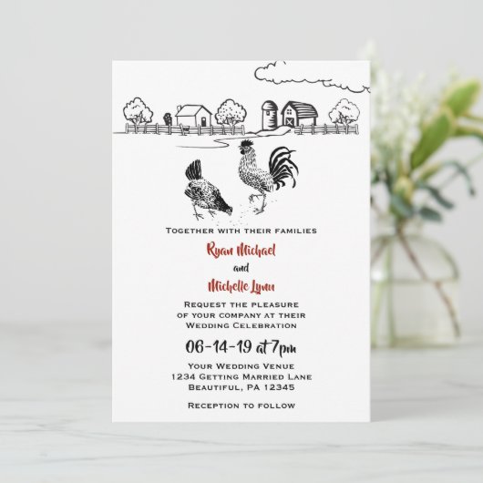 Hühnerroster und Henne in Liebe Farm Wedding Einladung (Stehend Vorderseite)