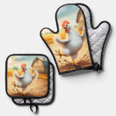 Hühnertanz in Barnyard Ofenhandschuh & Topflappen-Set (Vorderseite/Rückseite)