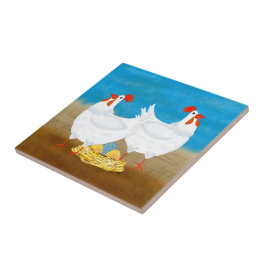 Huhnfliese, zwei Hennen und Nest der Eier Fliese (Seite)