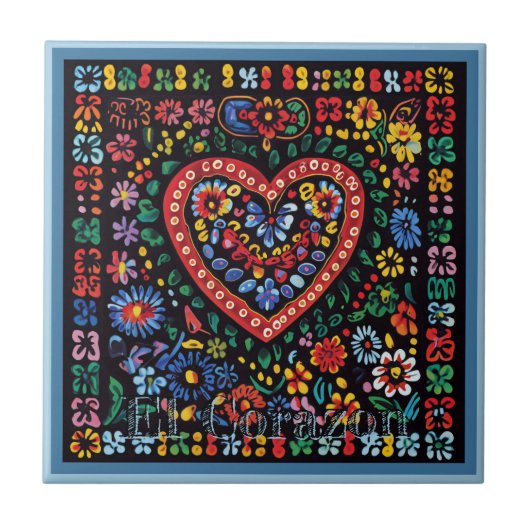 Huichol Loteria Keramik Tile: El Corazon Tile Fliese (Vorderseite)