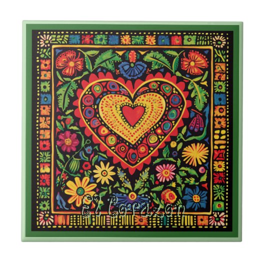 Huichol Loteria Keramik Tile: El Corazon Tile Fliese (Vorderseite)