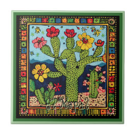 Huichol Loteria Keramik Tile: El Nopal Keramik Til Fliese