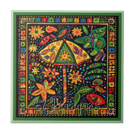 Huichol Loteria Keramik Tile: El Paraguas Tile Fliese