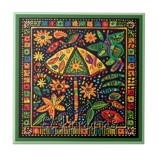Huichol Loteria Keramik Tile: El Paraguas Tile Fliese (Vorderseite)