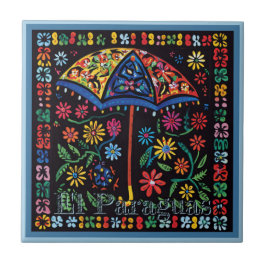 Huichol Loteria Keramik Tile: El Paraguas Tile Fliese