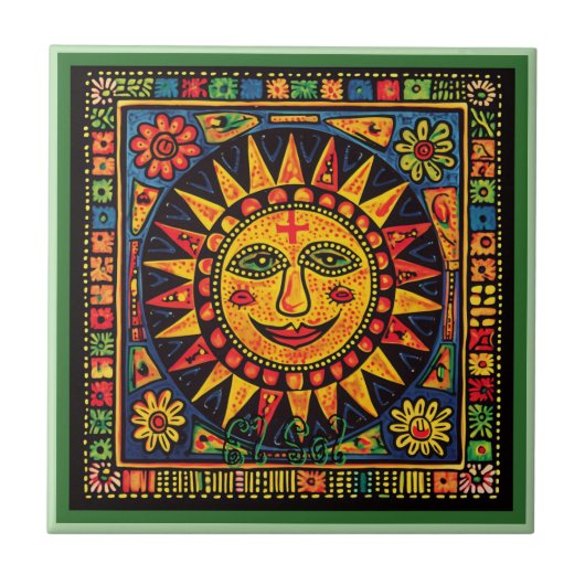 Huichol Loteria Keramik Tile: El Sol Keramik Fliese (Vorderseite)
