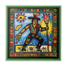 Huichol Loteria Keramik Tile: El Valiente Keramik