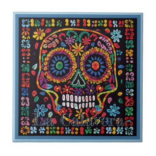 Huichol Loteria Keramik Tile: La Calavera Tile Fliese