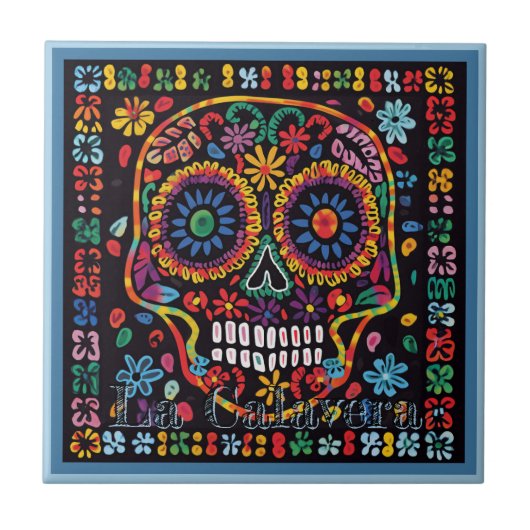 Huichol Loteria Keramik Tile: La Calavera Tile Fliese (Vorderseite)