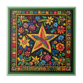 Huichol Loteria Keramik Tile: La Estrella Tile Fliese