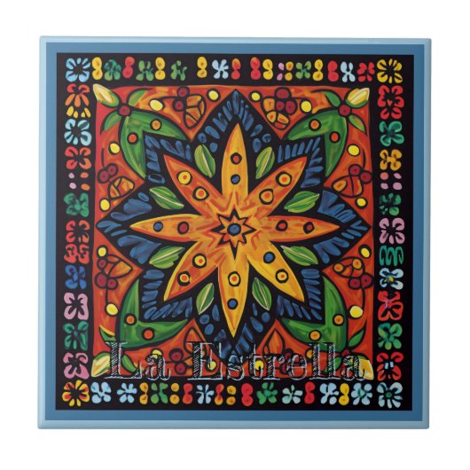 Huichol Loteria Keramik Tile: La Estrella Tile Fliese (Vorderseite)