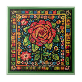 Huichol Loteria Keramik Tile: La Rosa Keramik Tile Fliese