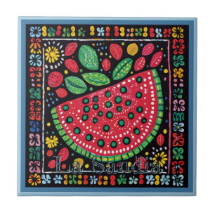 Huichol Loteria Keramik Tile: La Sandia Tile Fliese