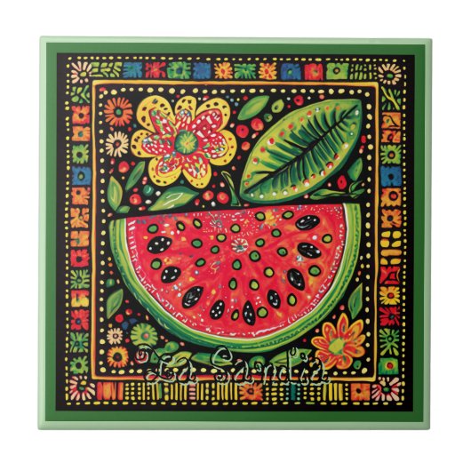 Huichol Loteria Keramik Tile: La Sandia Tile Fliese (Vorderseite)