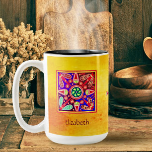 Huichol Mexikanische Kunst Bohemisch farbenfroh Zweifarbige Tasse