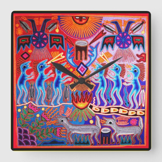 Huichol Ritual Peyote Ceremonie Monte Clock Quadratische Wanduhr (Vorderseite)