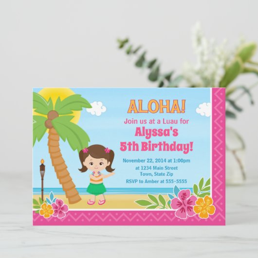Hula Girl Birthday Einladung Luau Einladung (Stehend Vorderseite)