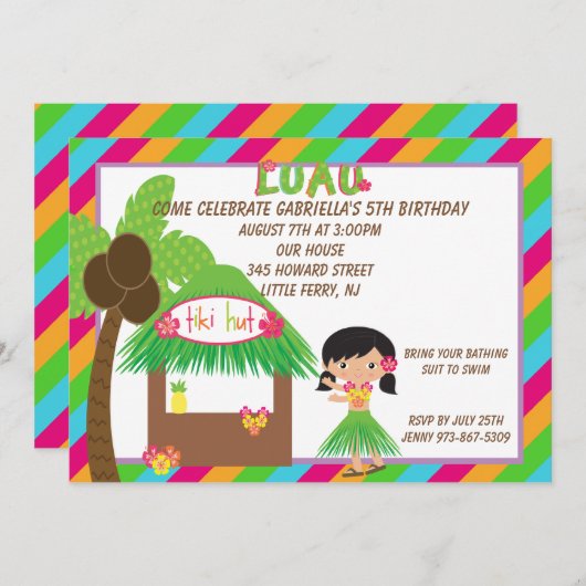 Hula Girl Tiki Hütte Bright Birthday Einladung (Vorne/Hinten)