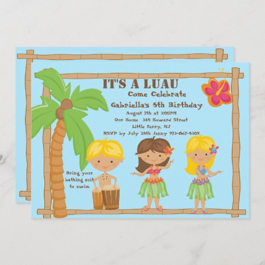 Hula Kids Luau zum Geburtstag Einladung (Vorne/Hinten)