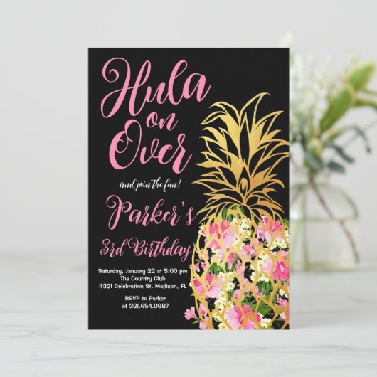 Hula on over, Luau, Ananas Birthday Party Einladung (Stehend Vorderseite)