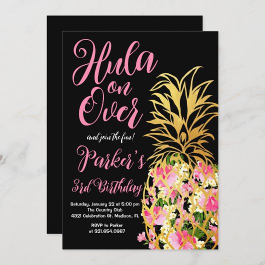 Hula on over, Luau, Ananas Birthday Party Einladung (Vorne/Hinten)