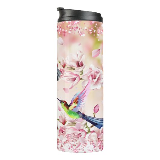 Humingvögel Blume Rosa Glitzer Thermosbecher (Nach rechts gedreht)