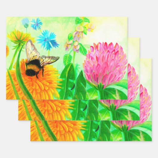 Hummel auf einer Dandelion-Blume-Illustration Geschenkpapier Set (Set)