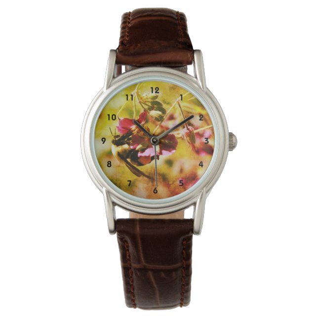Hummel auf rosa Blume Abstrakt gestört Armbanduhr (Vorderseite)
