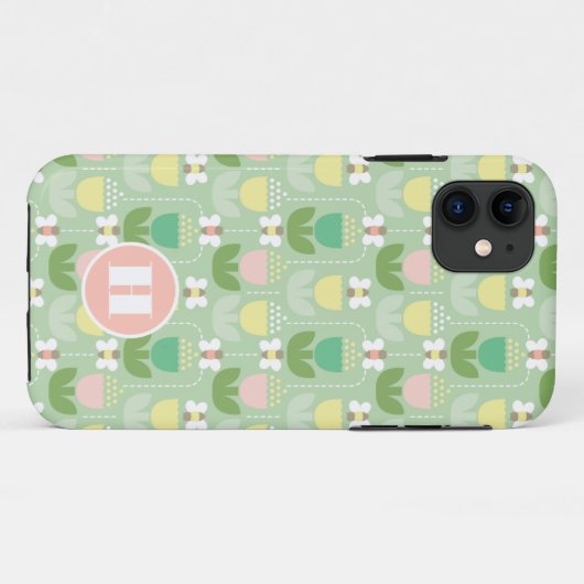 Hummel Bee & Tulips rosa & grüne Monogramm Case-Mate iPhone Hülle (Rückseite (Horizontal))