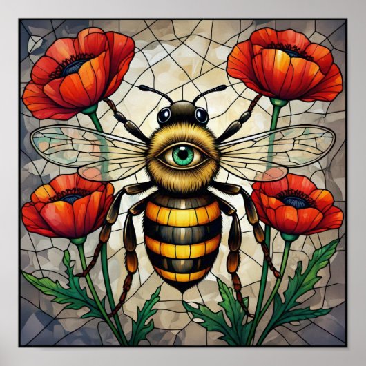Hummel Buntglas Rote Mohnblume Insekt Kunst Poster (Vorne)