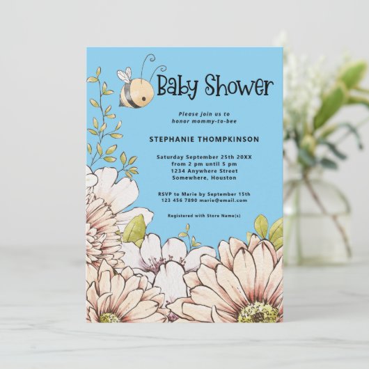 Hummel Florals Baby Blue Dusche Einladung (Stehend Vorderseite)