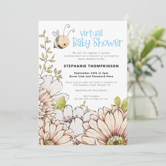 Hummel Florals Virtual Baby Blue Dusche Einladung (Stehend Vorderseite)