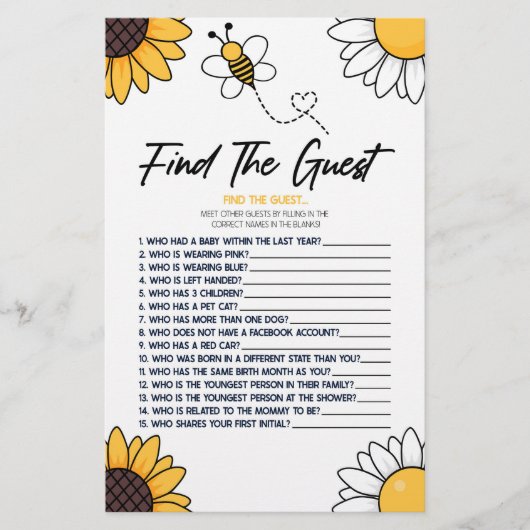 Hummel Honey Bee Finde das Guest Baby Shower Game Briefpapier (Vorderseite)