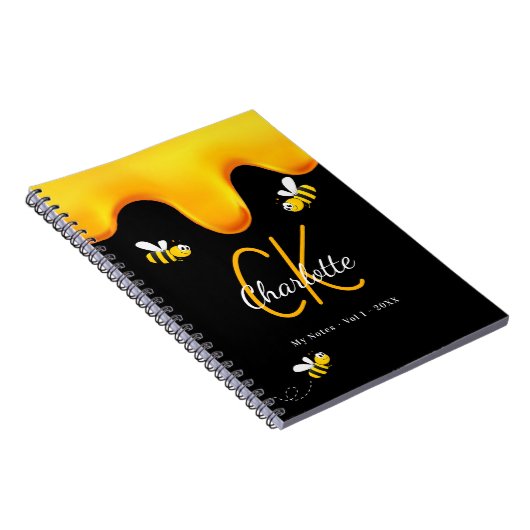 Hummelbienen, schwarzer Honig, tropfend, Monogramm Notizblock (Rechte Seite)