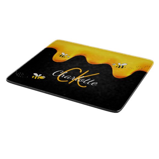 Hummelhonig tropfend schwarzes Monogramm Schneidebrett (Ecke)