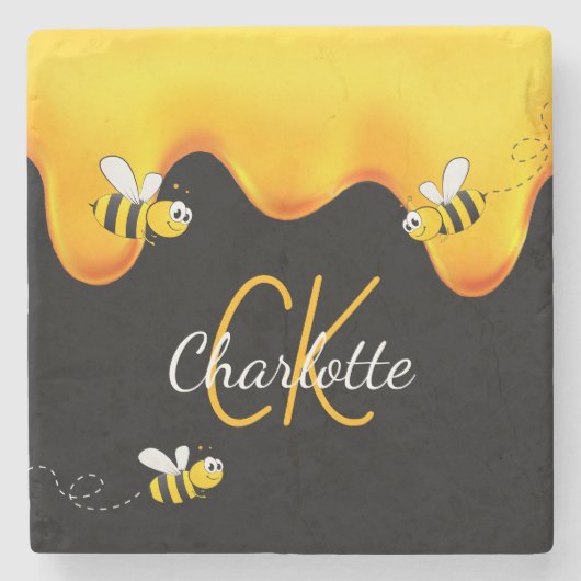 Hummelhonig tropft Monogramm schwarz golden Steinuntersetzer (Vorderseite)