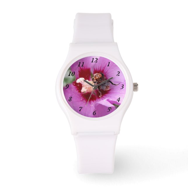 Hummeln auf Hibiskus Blume Armbanduhr (Vorderseite)