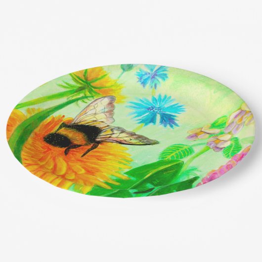 Hummeln auf Löwenzahn Pappteller (Schrägansicht)