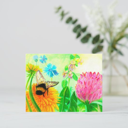 Hummeln auf Löwenzahn Postkarte (Stehend Vorderseite)