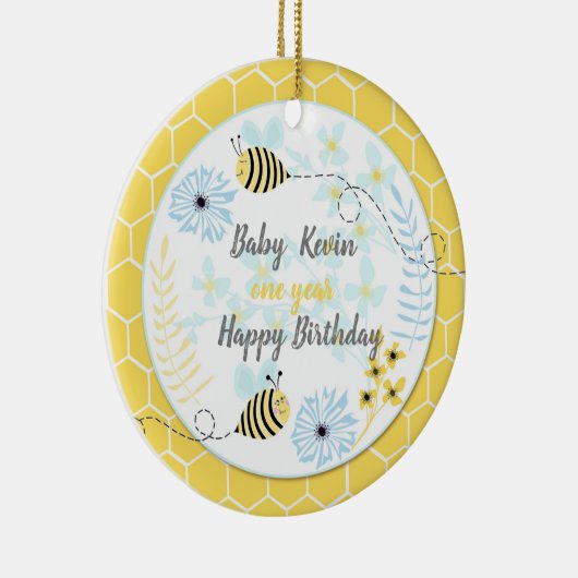 Hummeln aus Cartoon auf blauem, gelbem Hintergrund Keramik Ornament (Rechts)