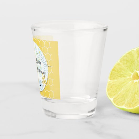 Hummeln aus Cartoon auf blauem, gelbem Hintergrund Schnapsglas (Rechts)